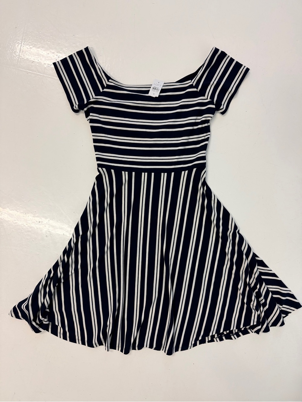 LOFT Navy and White Striped Asymmetrical Fit Dress Medium NWT